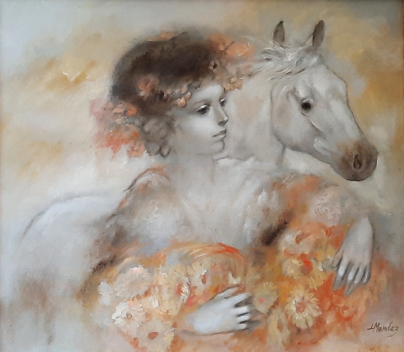 Caballo y bella con flores