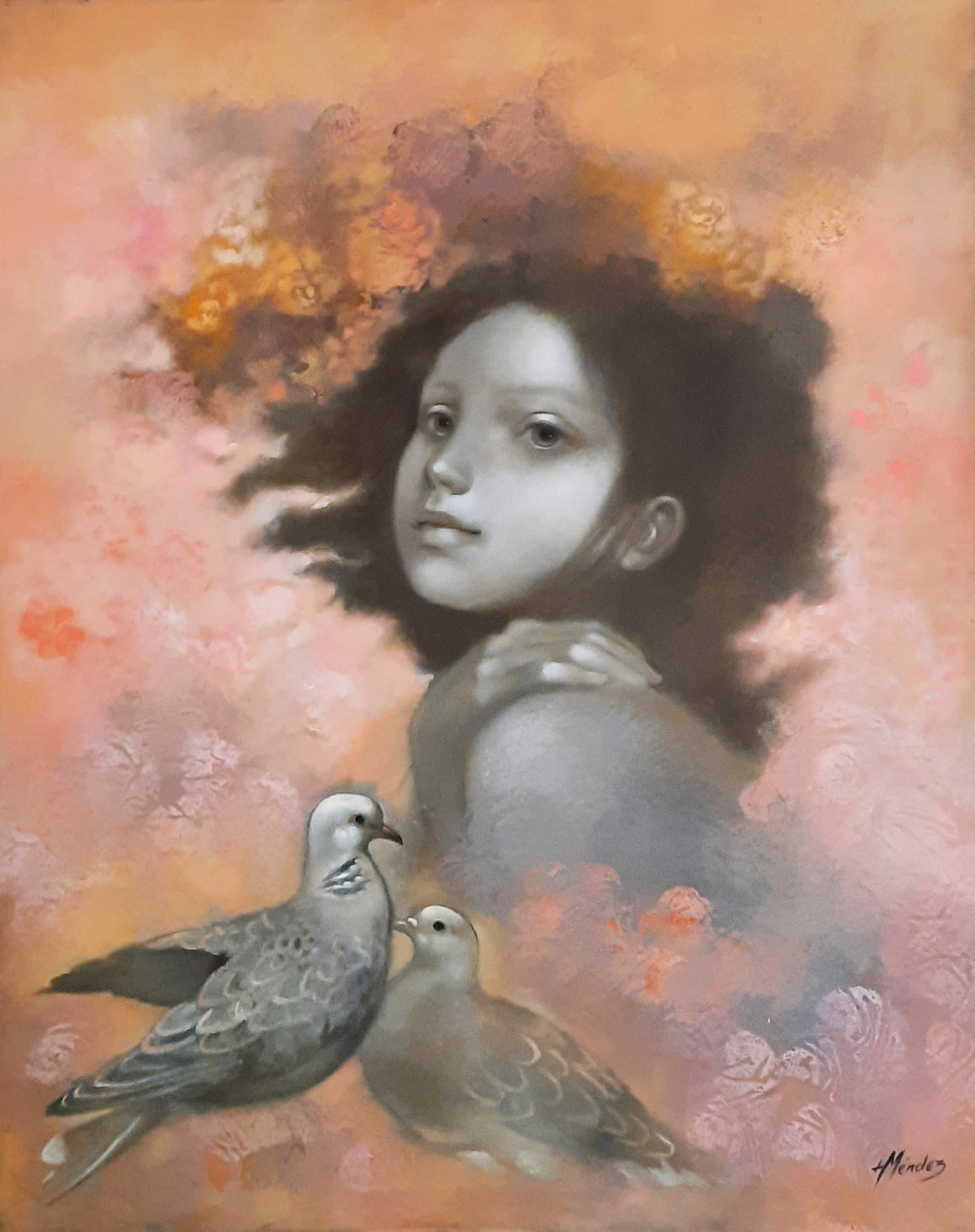 Niña con dos palomas