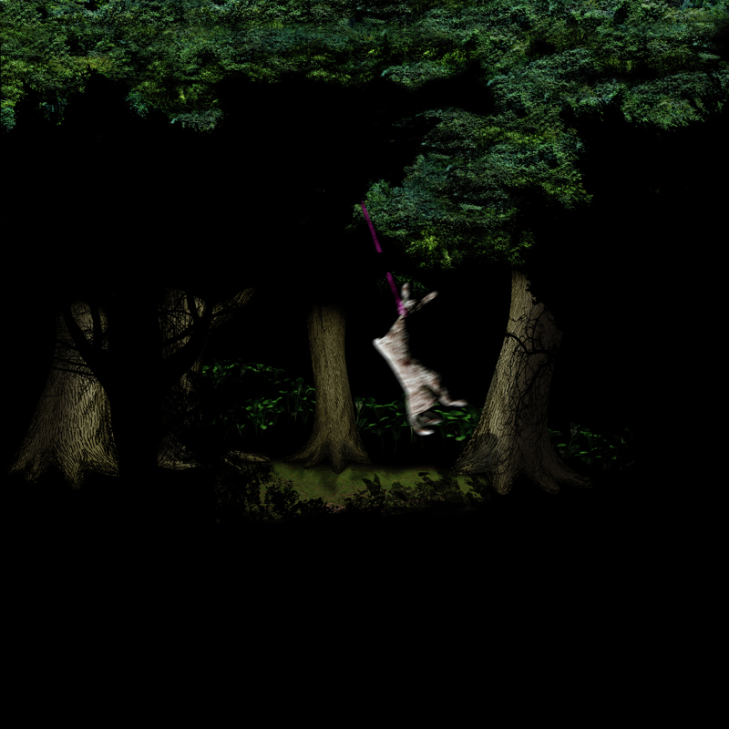 Rabbit hanging de los arboles