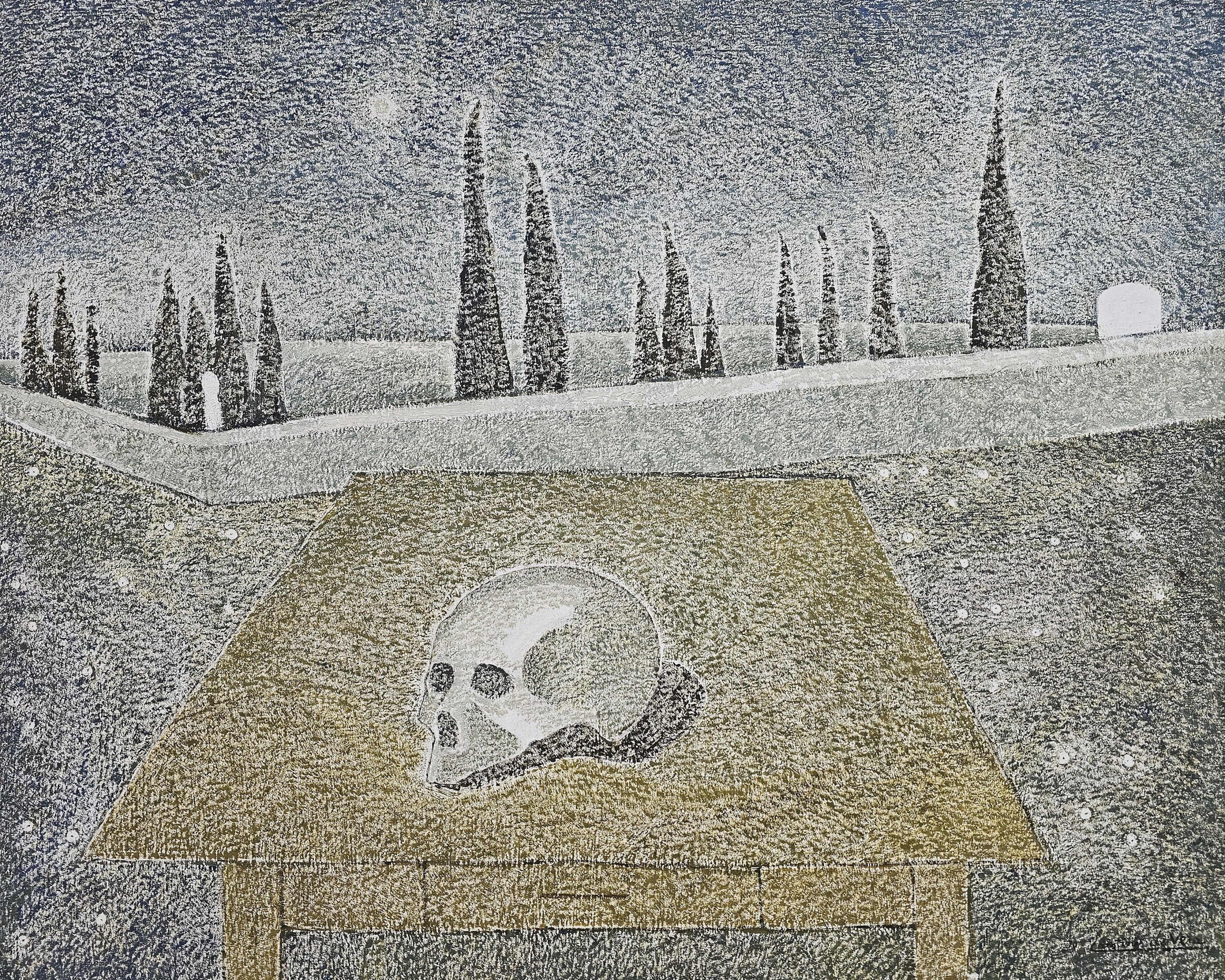 Mesa con cráneo y cementerio