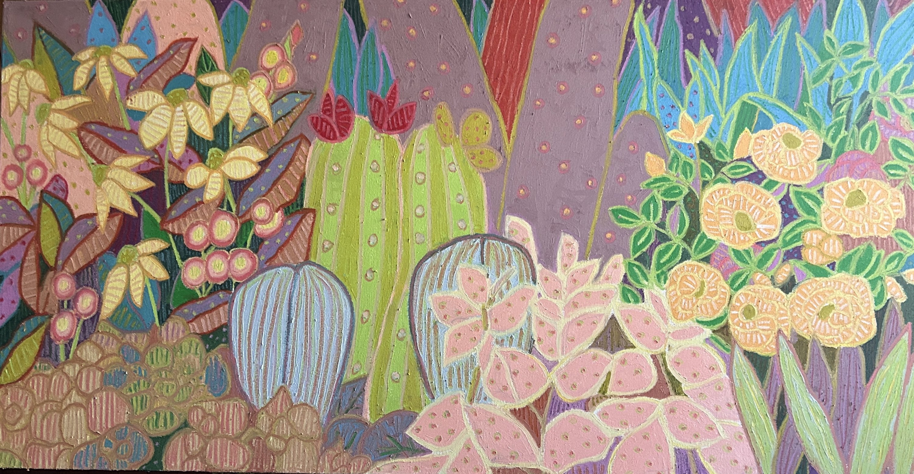 Cactus Garden with Roses, Óleo sobre tela, 60 x 120 cm, por Jeff Ferst — Aura Galerías