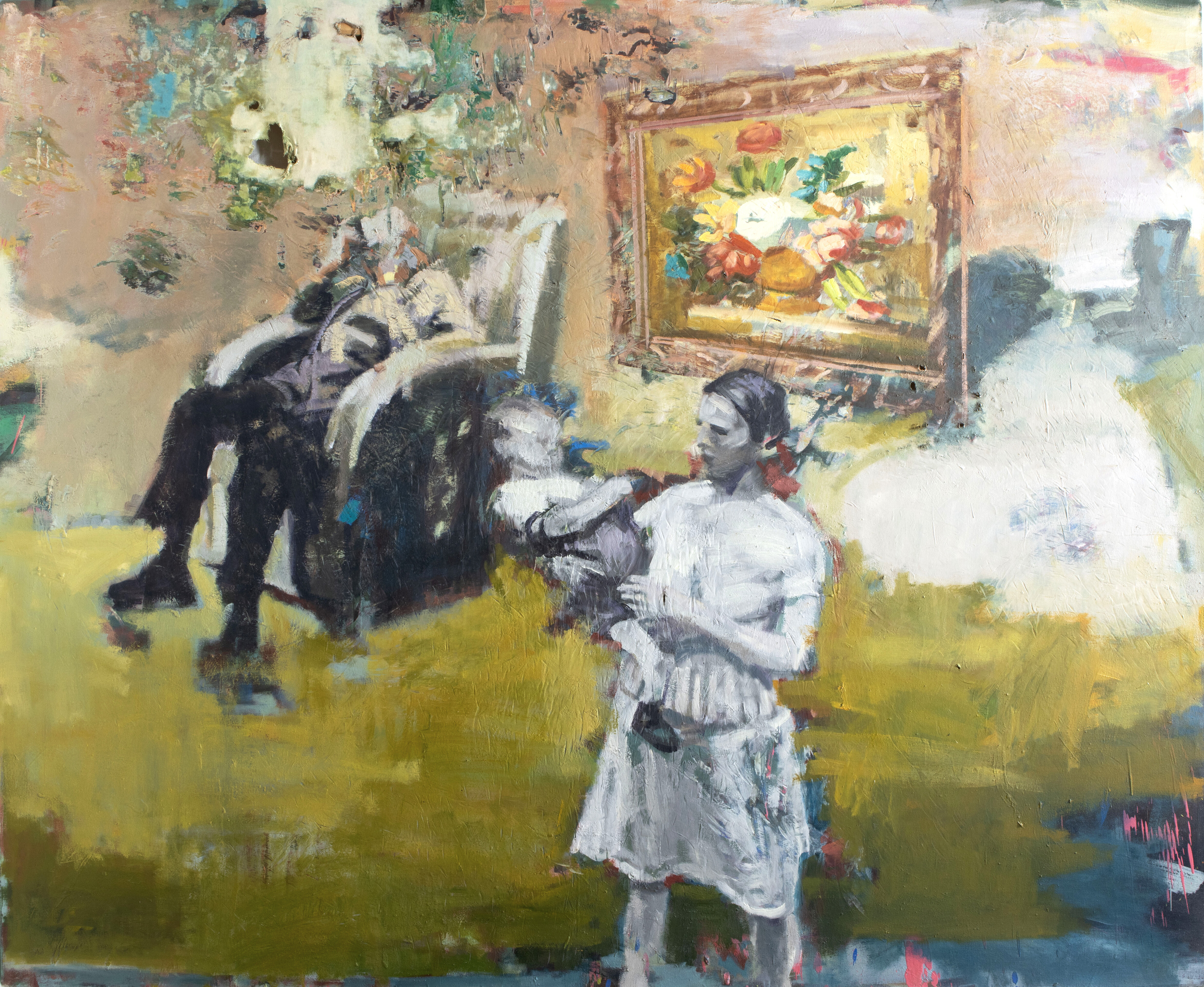 Joven, madre, viejo y cuadro con flores