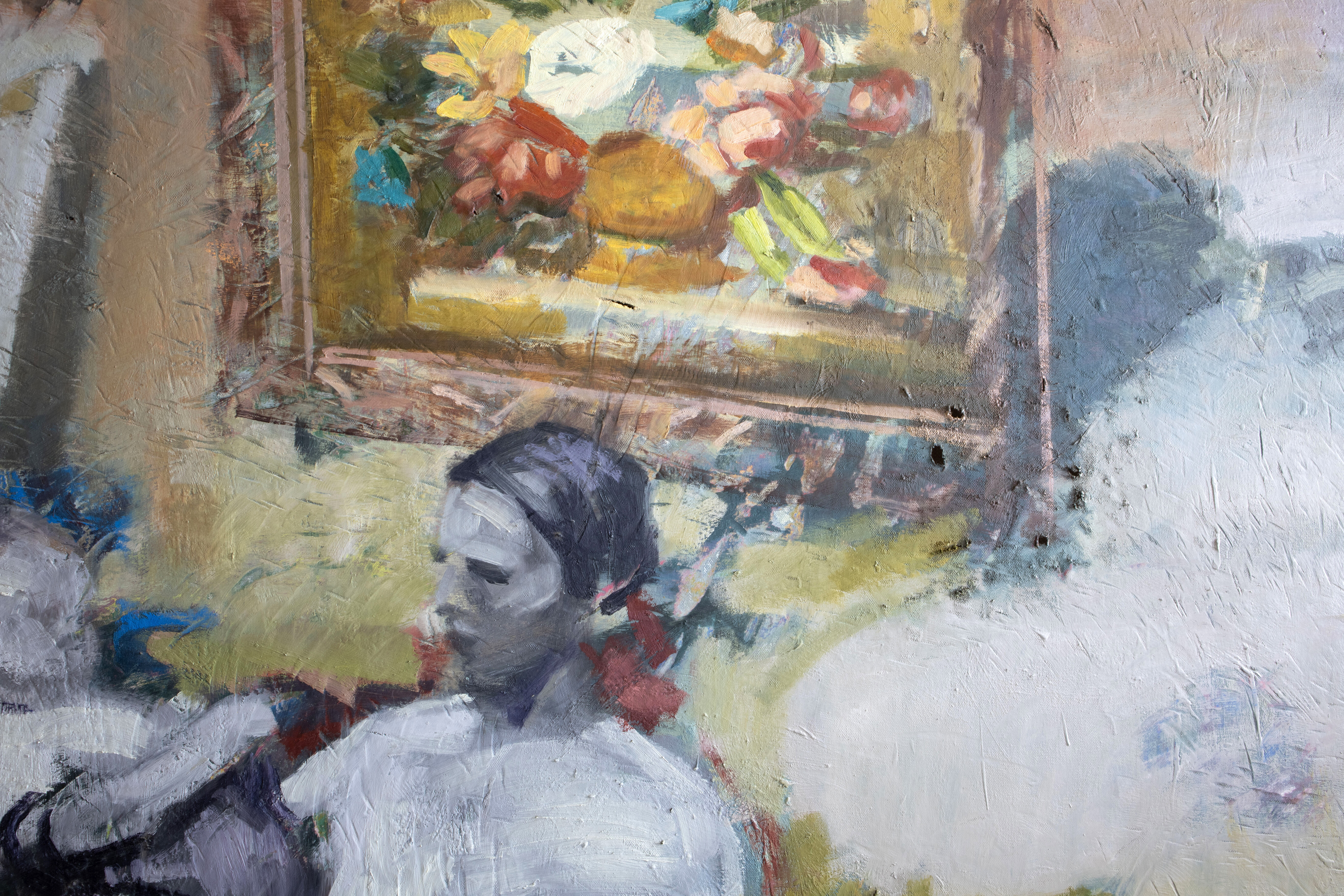 Joven, madre, viejo y cuadro con flores