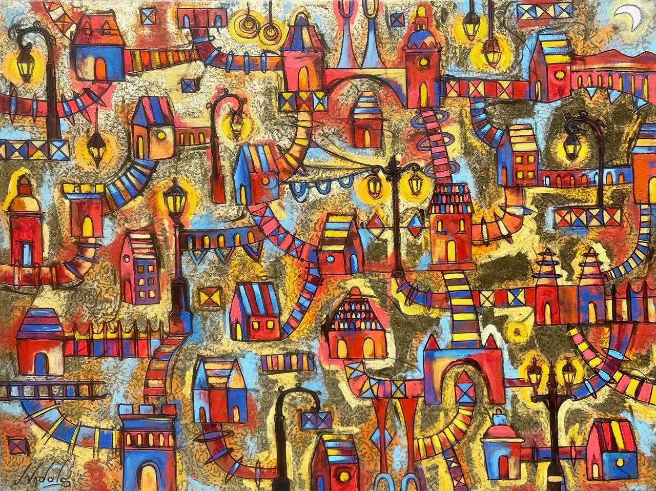 Entre Farolas, Mixta sobre Tela, 90 x 120 cm, por Jorge Vidals — Aura Galerías