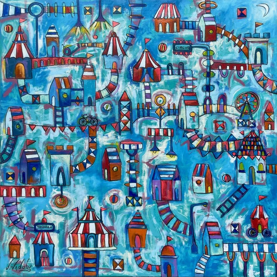 The Circus, Mixta sobre tela, 122 x 122 cm, por Jorge Vidals — Aura Galerías