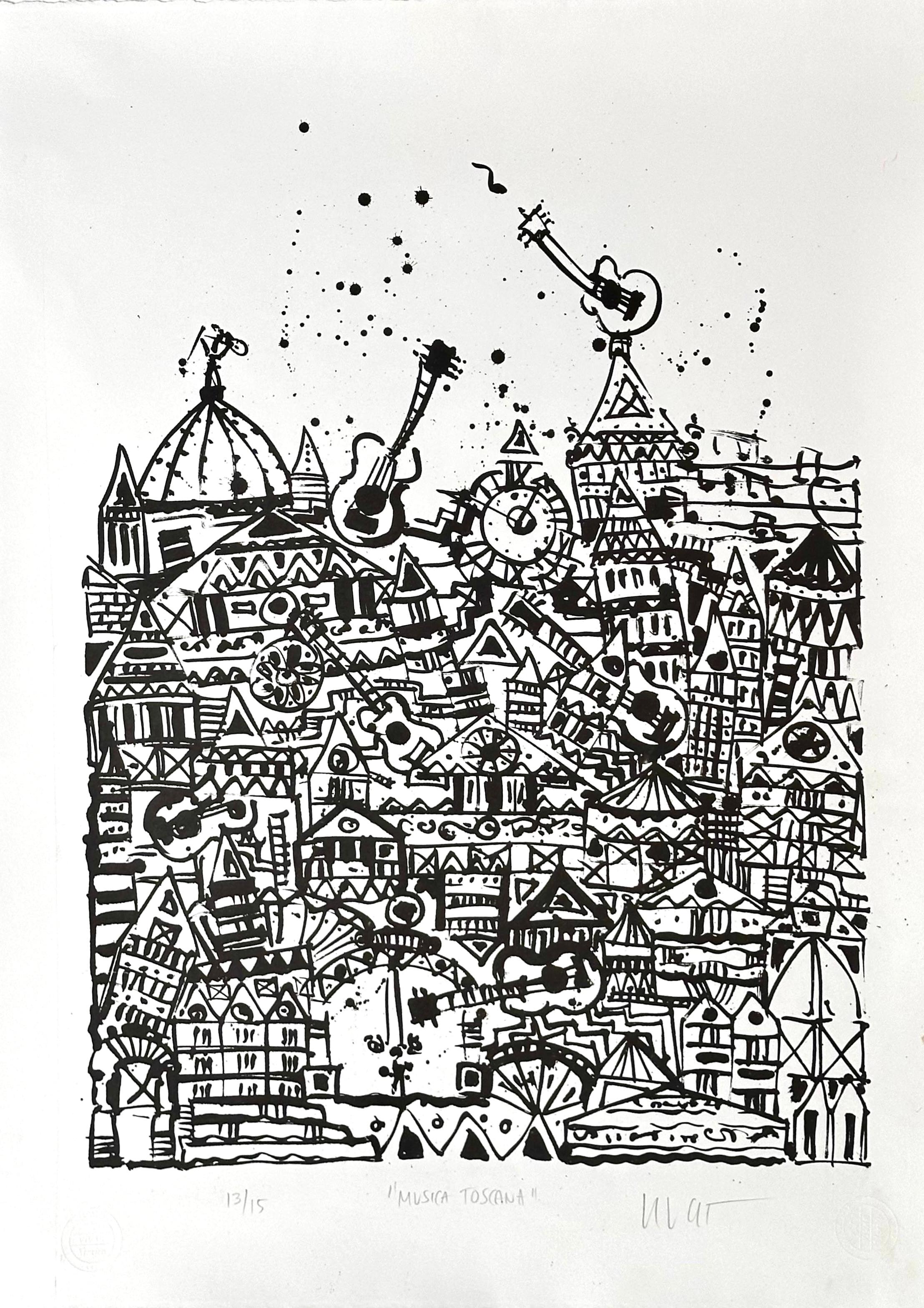 Musica Toscana, Negra, Serigrafía, 80 x 60 cm, por Carlos Vivar — Aura Galerías
