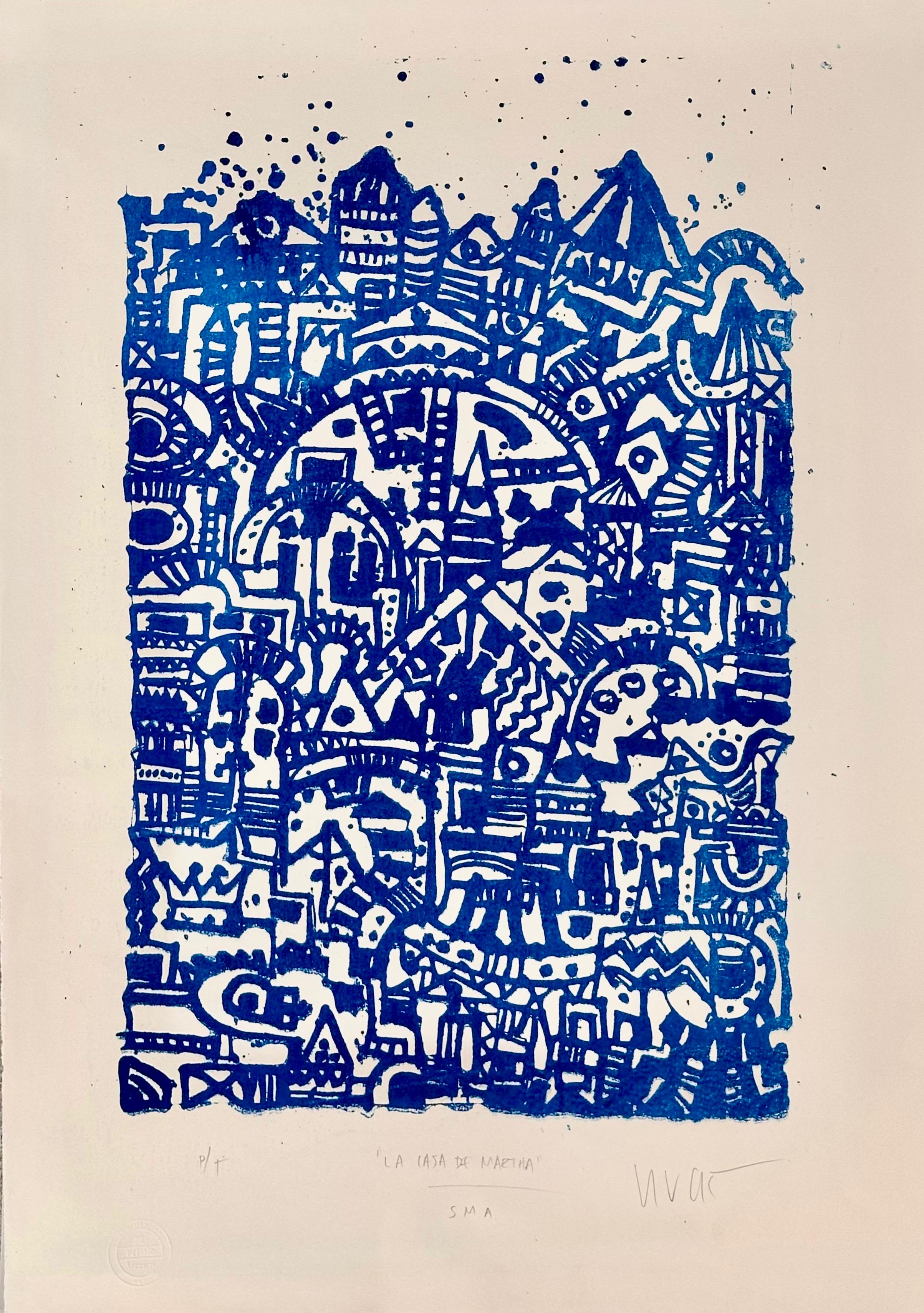 La Casa de Marta, Azul, Serigrafía, 78 x 56 cm, por Carlos Vivar — Aura Galerías